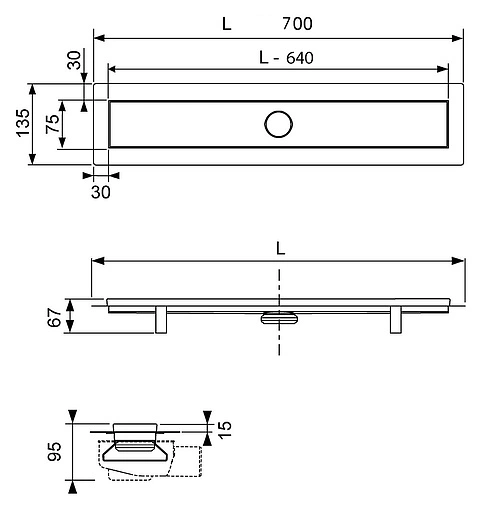 Лоток душевой Set 640мм h=81мм 0.8л/сек TECElinus Straight 15100070