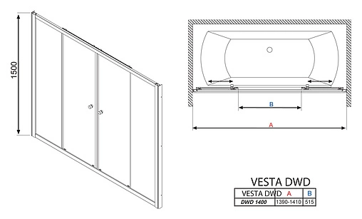 Шторка на ванну 1400мм прозрачное стекло Radaway Vesta DWD 140 203140-01