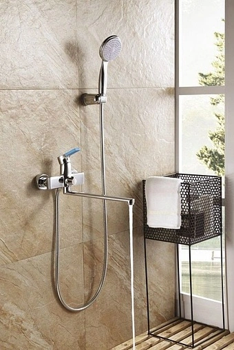 Смеситель для ванны с длинным изливом Lemark Aura хром/синий LM0651C