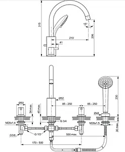 Смеситель на борт ванны на 4 отверстия Ideal Standard Ceraline хром BC198AA Смеситель на борт ванны на 4 отверстия Ideal Standard Ceraline хром BC198AA, 2