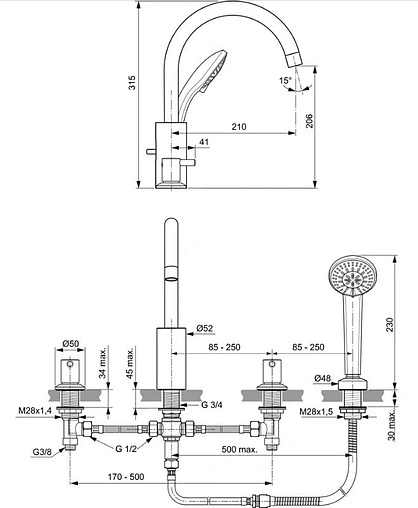 Смеситель на борт ванны на 4 отверстия Ideal Standard Ceraline хром BC198AA