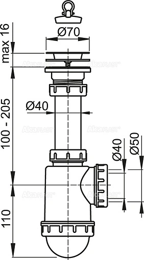 Сифон бутылочный для мойки AlcaPlast A441-DN50/40
