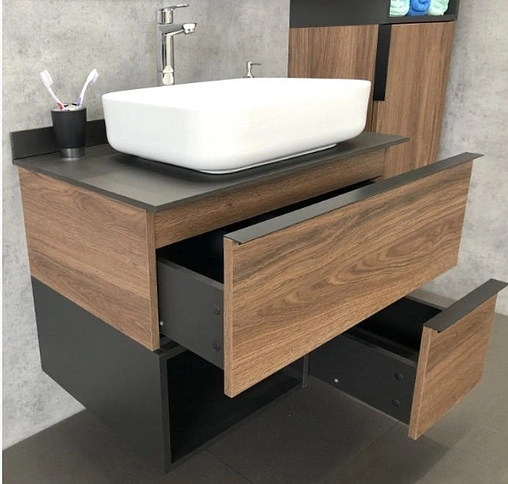 Тумба-умывальник подвесная Comforty Штутгарт 75 дуб тёмно-коричневый/чёрный 00-00001884CF