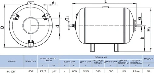 Гидроаккумулятор UNIGB H 300л 10 бар М300ГГ Гидроаккумулятор UNIGB H 300л 10 бар М300ГГ