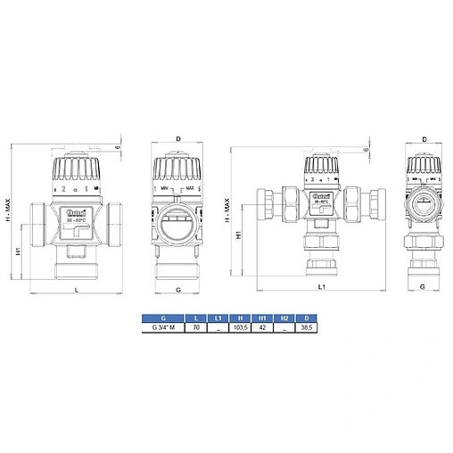 Трехходовой термостатический смесительный клапан ¾&quot; +20...+43°С Kvs 1.6 Barberi L-comfort V07 M20 0AA