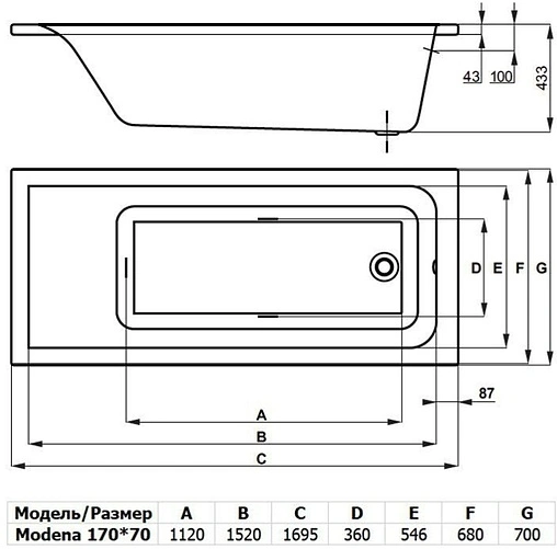 Ванна акриловая Toni Arti Modena 170х70 TA-M17070