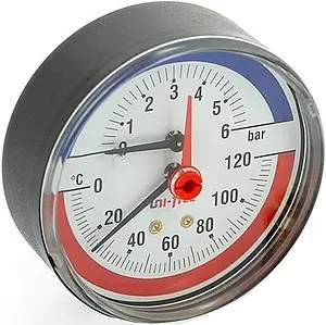 Термоманометр аксиальный Uni-Fitt 80мм 6 бар 120°С ½" 310P2442 Термоманометр аксиальный Uni-Fitt 80мм 6 бар 120°С ½" 310P2442, 1