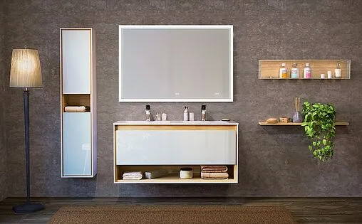 Тумба-умывальник подвесная Jorno Glass 120 белый/дуб сонома Gla.01.122/P/W+Mol.08.120/W