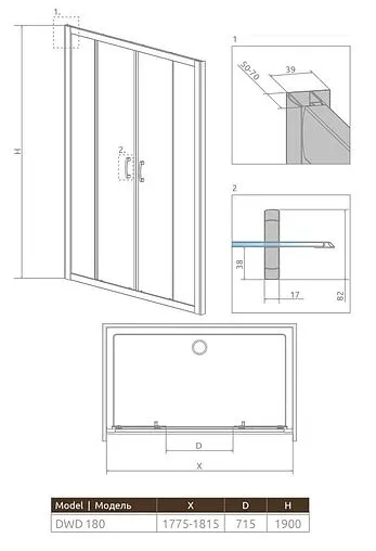 Дверь в нишу 1800мм прозрачное стекло Radaway Premium Plus DWD 180 33373-01-01N