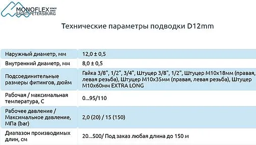 Гибкая подводка Monoflex Standart SS 12мм 0.8м x ½&quot;в x ½&quot;н Н01190