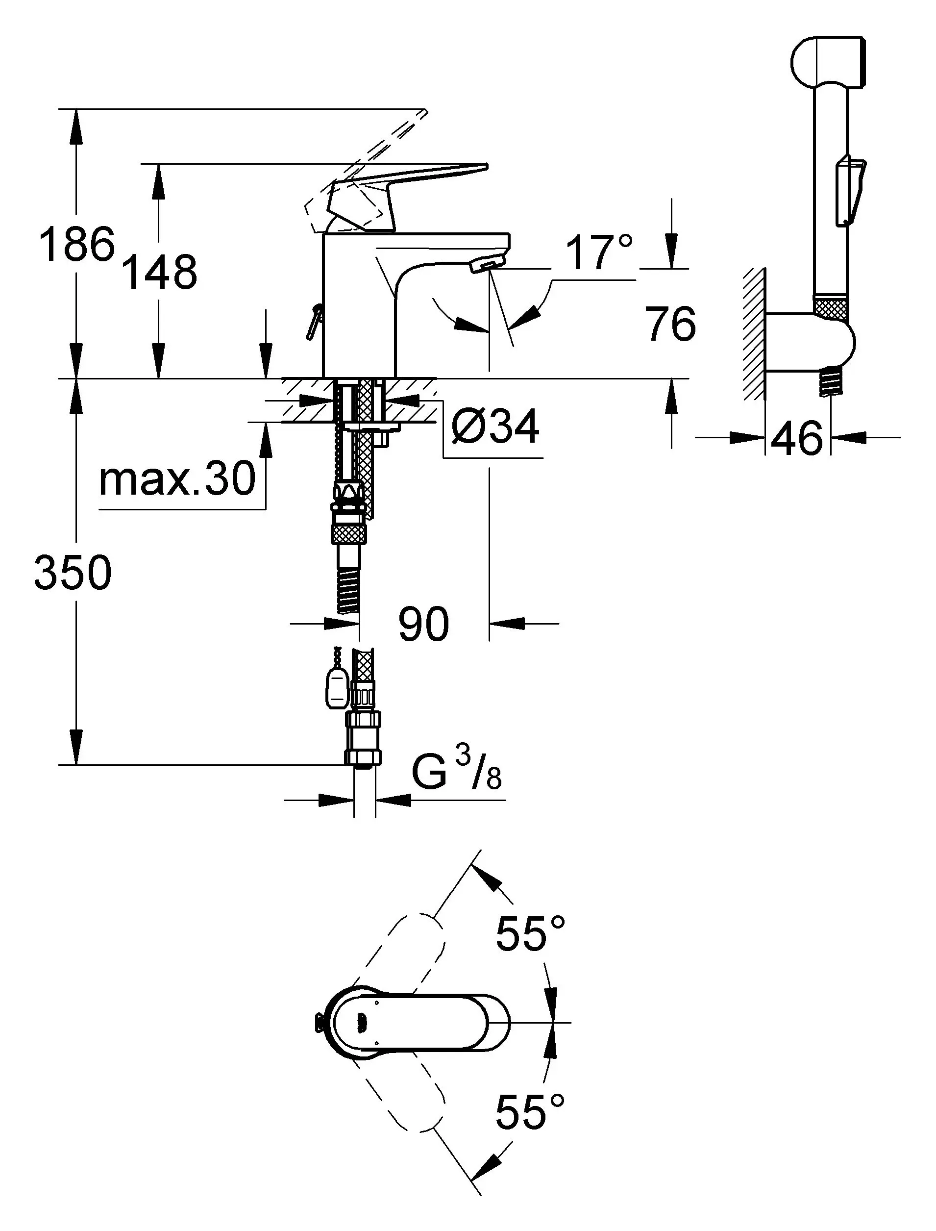 Смеситель для раковины с гигиеническим душем Grohe Eurosmart Cosmopolitan хром 23125000 Смеситель для раковины с гигиеническим душем Grohe Eurosmart Cosmopolitan хром 23125000, 2