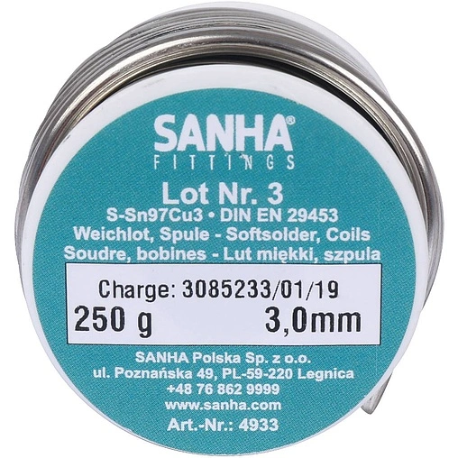 Мягкий припой S-Sn97Cu3 (2мм) катушка 250г Sanha 84933.2