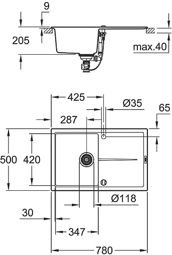 Мойка кухонная Grohe K400-78 черный гранит 31639AP0