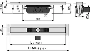 Лоток душевой 550мм h=95мм 1.15л/сек AlcaPlast APZ6-550 Professional, 5