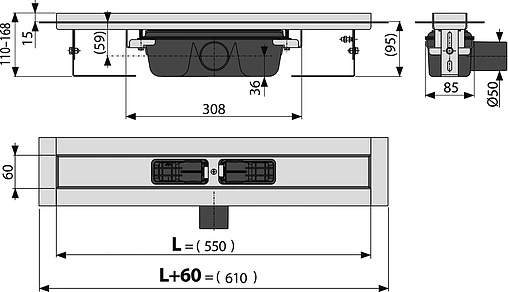 Лоток душевой 550мм h=95мм 1.15л/сек AlcaPlast APZ6-550 Professional