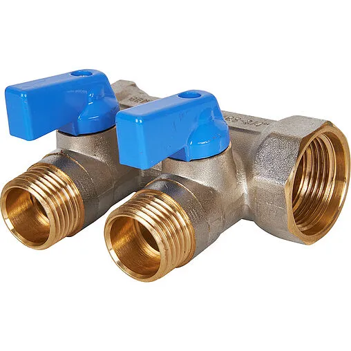 Коллектор запорный проходной 2 отвода синий ¾"в/н x ½"н Stout SMB 6211 341202