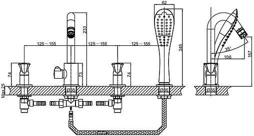 Смеситель на борт ванны на 4 отверстия D&K Hessen Grimm хром DA1384901 Смеситель на борт ванны на 4 отверстия D&K Hessen Grimm хром DA1384901
