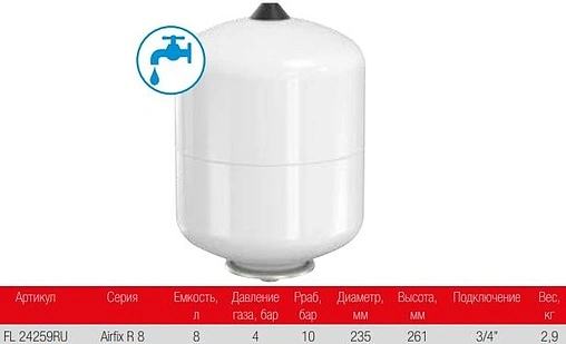 Гидроаккумулятор Flamco Airfix R 8л 10 бар 24259RU Гидроаккумулятор Flamco Airfix R 8л 10 бар 24259RU