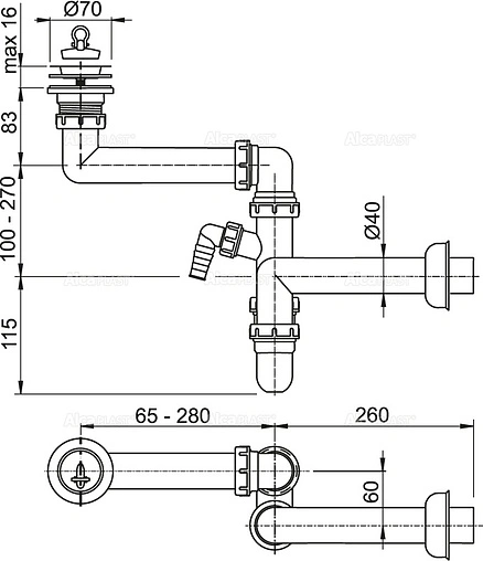 Сифон трубный для мойки AlcaPlast A870P-DN40