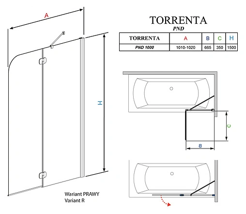Шторка на ванну 1000мм прозрачное стекло Radaway Torrenta PND PND 100 R 201202-101NR