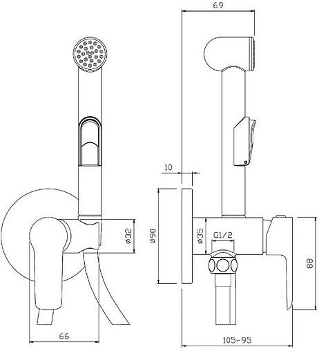 Гигиенический душ со смесителем Rossinka хром W25-51