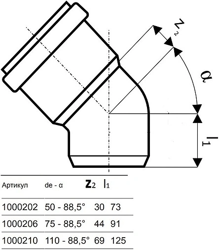 Отвод внутренний бесшумный D=110мм Угол 88,5° Uponor Decibel 1000210