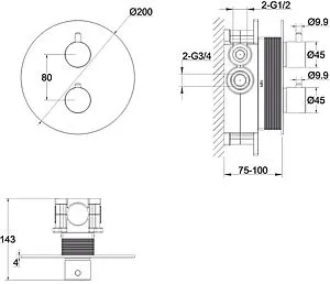 Термостат для 2 потребителей WHITECROSS Y brushed gold золото брашированное Y1236GLB, 2