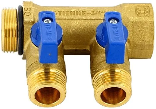 Коллектор запорный проходной 2 отвода синий ¾&quot;в/н x ½&quot;н Tiemme NINO 1820072