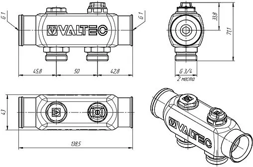 Коллектор распределительный проходной 2 отвода 1&quot;в/в x ¾&quot;ек Valtec VTc.505.SS.060502