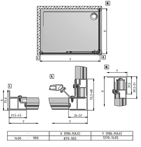 Душевое ограждение 1400x900мм прозрачное стекло Roltechnik Lega Line LLD2+LLB/1400*900 556-1400000-00-02+553-9000000-00-02