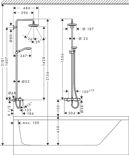 Душевая система с термостатом для ванны Hansgrohe Croma Select S 180 2jet хром/белый 27351400