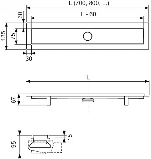 Лоток душевой Set 840мм h=81мм 0.8л/сек TECElinus Tile 15101090