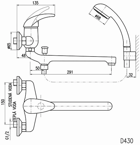 Смеситель для ванны с длинным изливом Rav Slezak Dunaj хром D457.5/1
