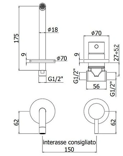 Смеситель для раковины из стены Paffoni Light чёрный матовый LIG006NO70