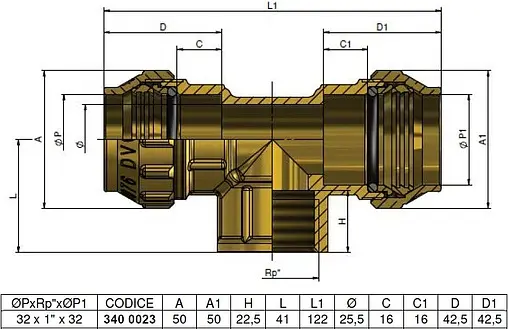 Тройник компрессионный переходной 32мм x 1&quot;в x 32мм Tiemme 3400023
