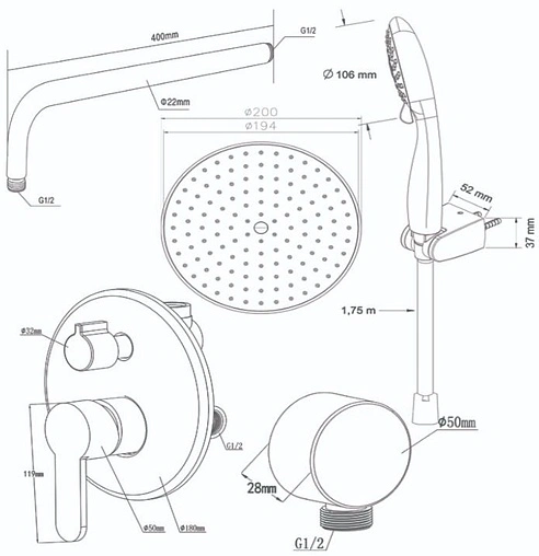 Душевая система со смесителем для душа Swedbe Platta хром 5538