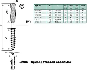 Шуруп-шпилька M8x80мм Walraven BIS 6263808 Шуруп-шпилька M8x80мм Walraven BIS 6263808, 2