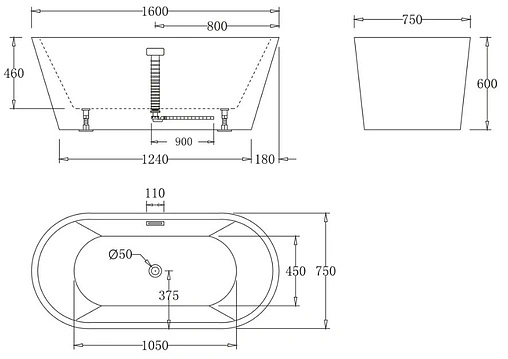 Ванна акриловая отдельностоящая BelBagno 160x75 BB71-1600