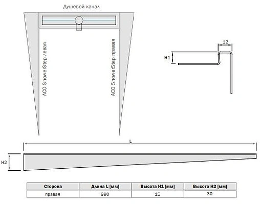 Планка переходная 990мм правая ACO ShowerStep 9010.72.52 Планка переходная 990мм правая ACO ShowerStep 9010.72.52