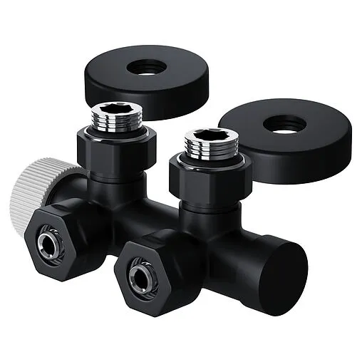 Узел нижнего подключения радиатора терморегулирующий угловой правый 15x1.0 x ¾"ек (½"н) Royal Thermo Design Pro черный RANPU11215BL