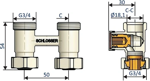 Узел нижнего подключения радиатора прямой ¾"ек x ¾"нг Schlosser Standard 600700005