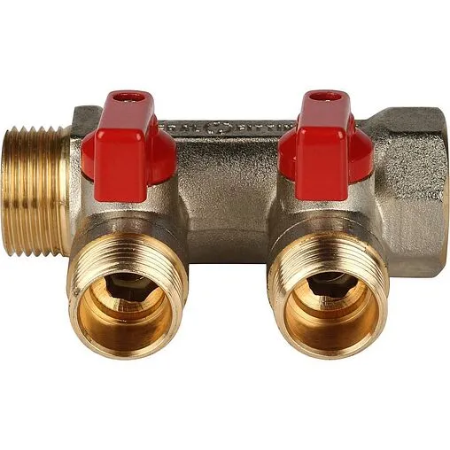 Коллектор запорный проходной 2 отвода красный ¾"в/н x ½"н Stout SMB 6200 341202