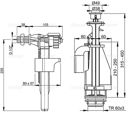 Комплект арматуры для бачка двухрежимный ⅜&quot; пластик нижний AlcaPlast SA08AS ⅜&quot; CHROM