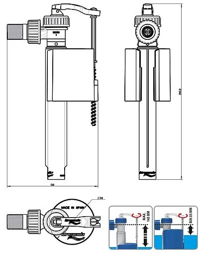 Комплект арматуры для бачка двухрежимный ½" латунь нижний Idrospania 56603