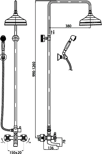 Душевая система со смесителем для ванны Cezares Retro хром RETRO-C-CVD1-01