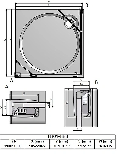 Душевое ограждение 1100x1000мм прозрачное стекло Roltechnik Hitech Line HBO1+HBB/1100*1000 284-1100000-06-02+286-1000000-06-02