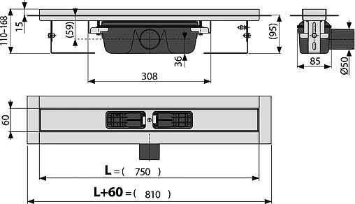 Лоток душевой 750мм h=95мм 1.15л/сек AlcaPlast APZ6-750 Professional