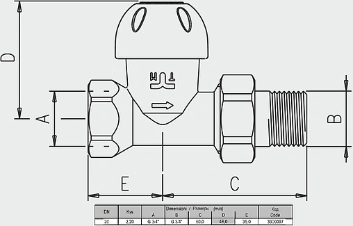 Вентиль терморегулирующий прямой ¾&quot; в/н Tiemme 3300007