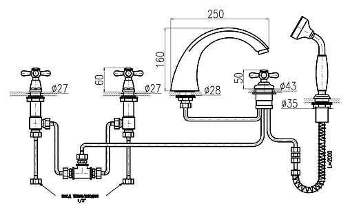 Смеситель на борт ванны на 5 отверстий Rav Slezak Morava retro бронза/белый MK169.5PSM