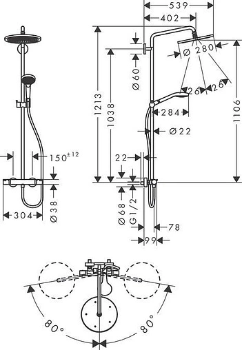 Душевая система с термостатом для душа Hansgrohe Croma Select S 280 1jet хром 26790000